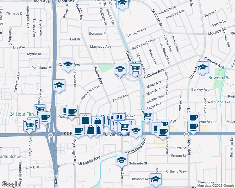 map of restaurants, bars, coffee shops, grocery stores, and more near 3350 Victoria Avenue in Santa Clara