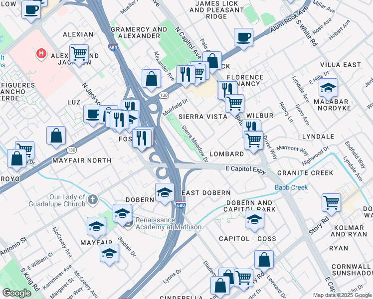 map of restaurants, bars, coffee shops, grocery stores, and more near 241 Muirfield Drive in San Jose