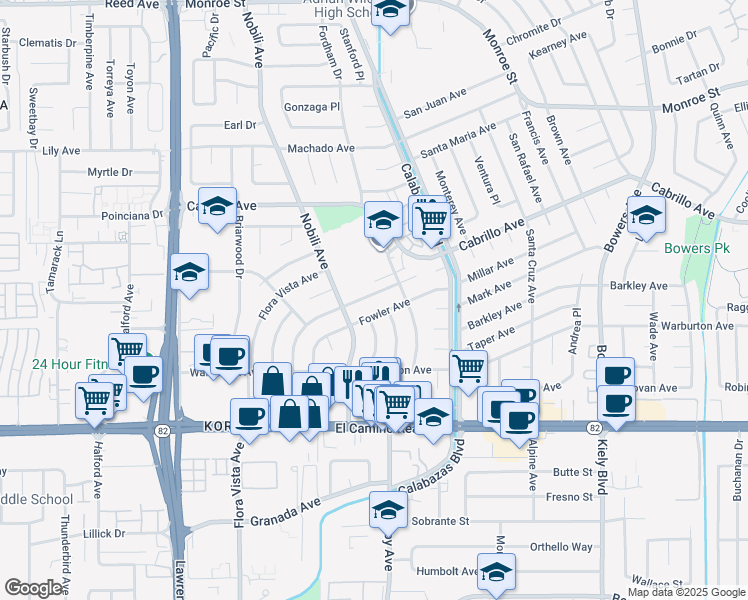 map of restaurants, bars, coffee shops, grocery stores, and more near 3350 Victoria Avenue in Santa Clara