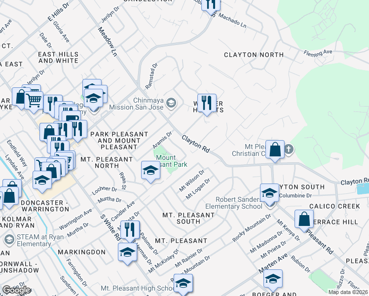 map of restaurants, bars, coffee shops, grocery stores, and more near 1329 Park Pleasant Circle in San Jose