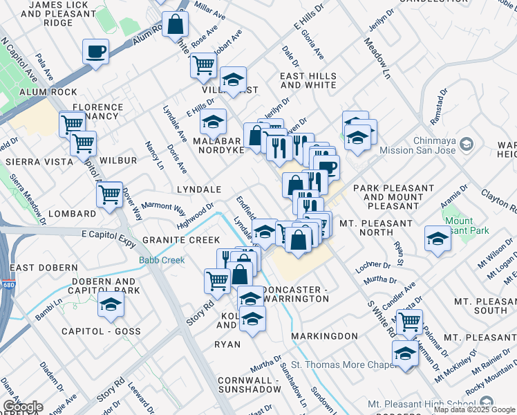 map of restaurants, bars, coffee shops, grocery stores, and more near 10111 Endfield Way in San Jose