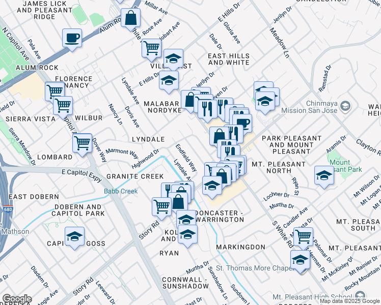 map of restaurants, bars, coffee shops, grocery stores, and more near 10111 Endfield Way in San Jose