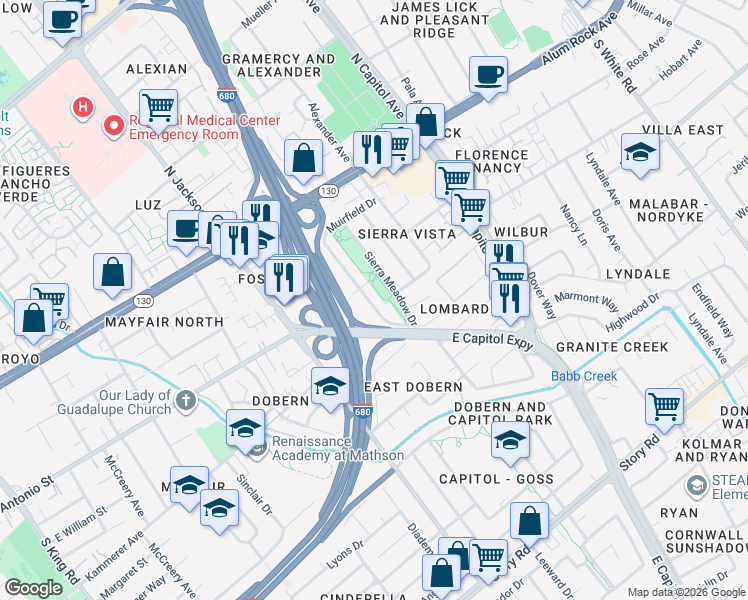 map of restaurants, bars, coffee shops, grocery stores, and more near 241 Muirfield Drive in San Jose