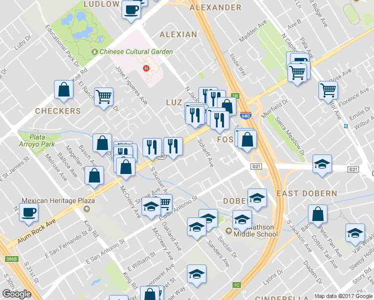 map of restaurants, bars, coffee shops, grocery stores, and more near 45 Vía De Guadalupe in San Jose