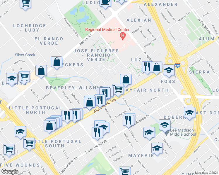map of restaurants, bars, coffee shops, grocery stores, and more near in San Jose