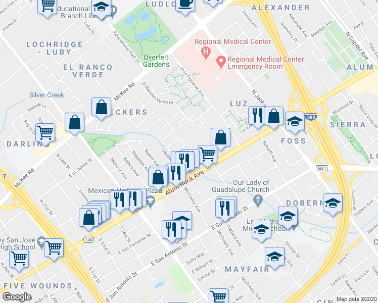 map of restaurants, bars, coffee shops, grocery stores, and more near in San Jose