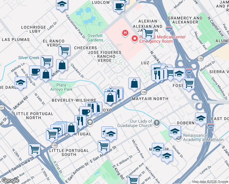 map of restaurants, bars, coffee shops, grocery stores, and more near in San Jose