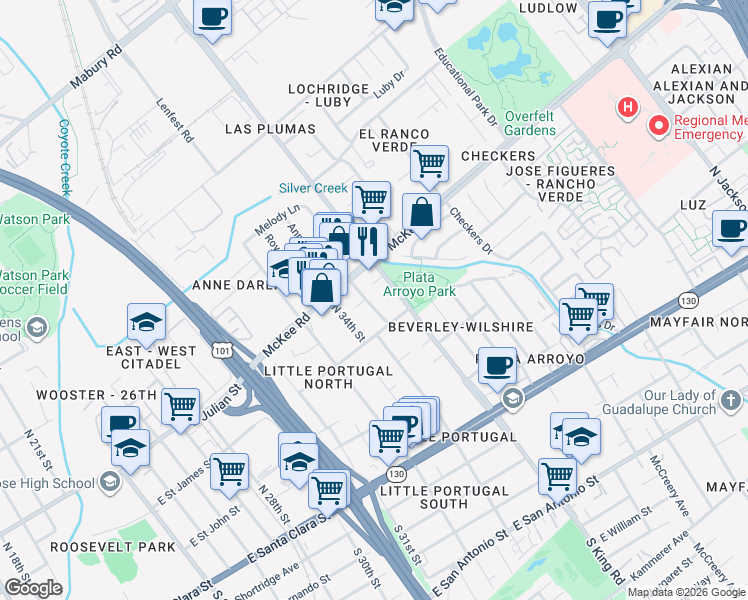 map of restaurants, bars, coffee shops, grocery stores, and more near 1675 East Saint James Street in San Jose