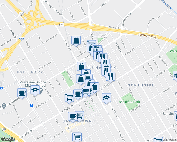 map of restaurants, bars, coffee shops, grocery stores, and more near 473 Cannery Place in San Jose