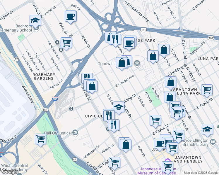 map of restaurants, bars, coffee shops, grocery stores, and more near 120 East Younger Avenue in San Jose