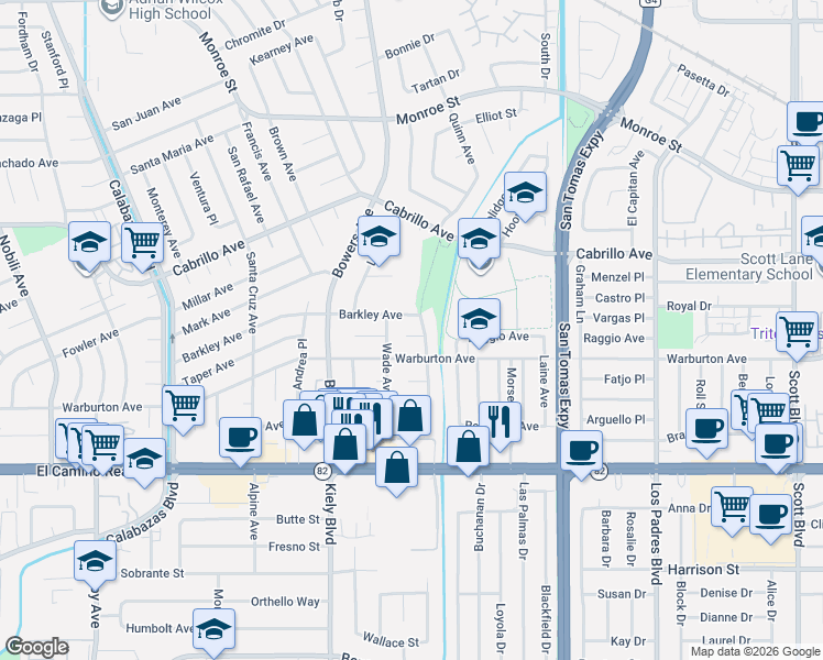 map of restaurants, bars, coffee shops, grocery stores, and more near 2645 Warburton Avenue in Santa Clara