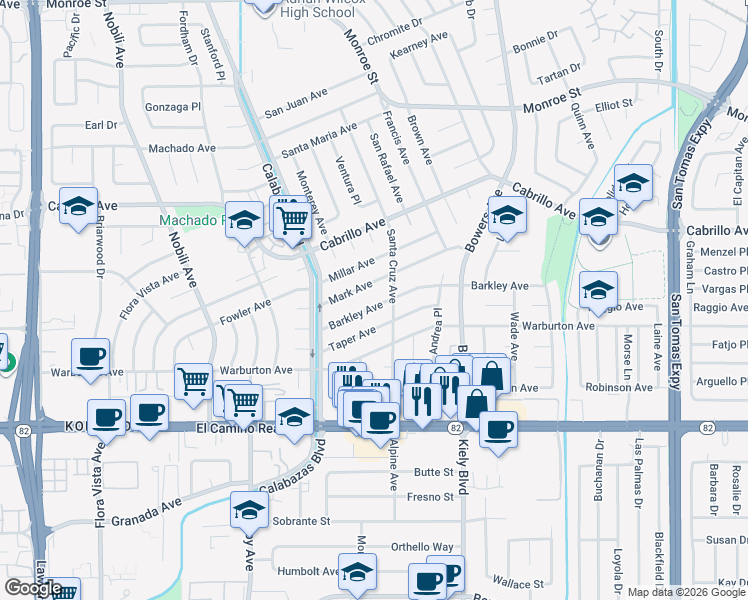 map of restaurants, bars, coffee shops, grocery stores, and more near 2987 Taper Avenue in Santa Clara