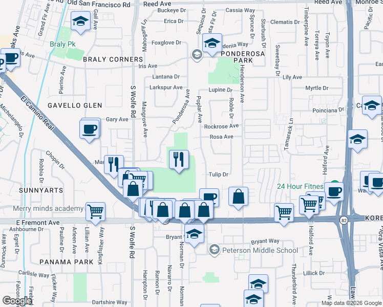 map of restaurants, bars, coffee shops, grocery stores, and more near 1010 South Wolfe Road in Sunnyvale