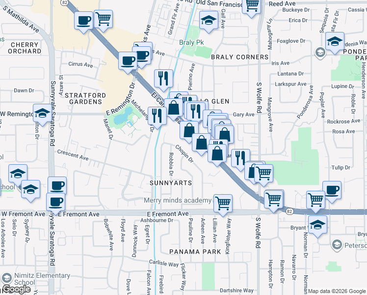 map of restaurants, bars, coffee shops, grocery stores, and more near 1056 Sargent Drive in Sunnyvale