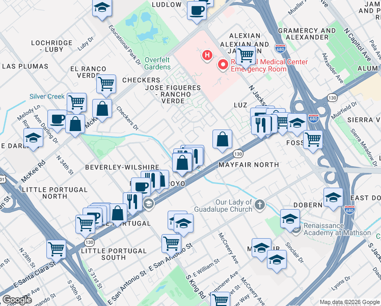 map of restaurants, bars, coffee shops, grocery stores, and more near in San Jose