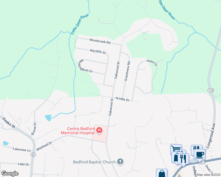 map of restaurants, bars, coffee shops, grocery stores, and more near 102 Acorn Run Lane in Bedford