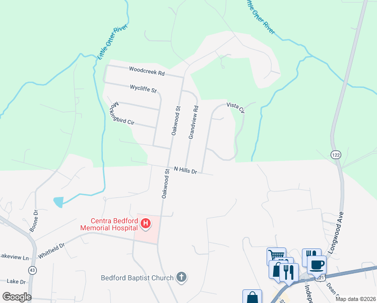 map of restaurants, bars, coffee shops, grocery stores, and more near State Route 1104 in Bedford