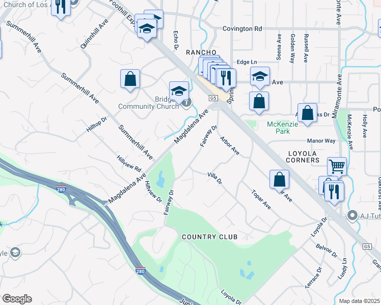 map of restaurants, bars, coffee shops, grocery stores, and more near Fairway Drive in Los Altos