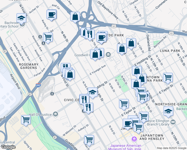 map of restaurants, bars, coffee shops, grocery stores, and more near 971 North 5th Street in San Jose