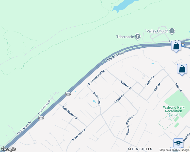 map of restaurants, bars, coffee shops, grocery stores, and more near 5980 Buckland Mill Road in Roanoke
