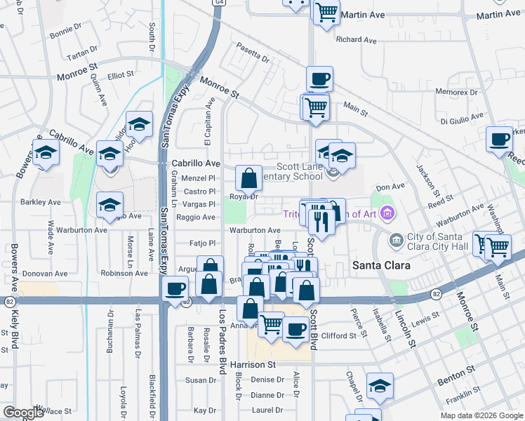 map of restaurants, bars, coffee shops, grocery stores, and more near 2173 Aza Drive in Santa Clara