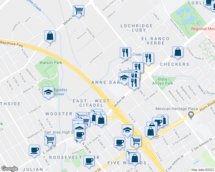 map of restaurants, bars, coffee shops, grocery stores, and more near Marburg Way in San Jose