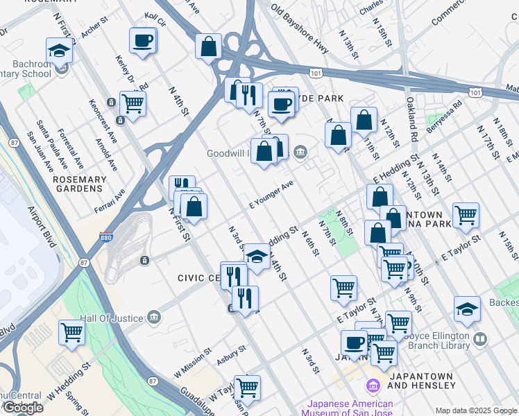 map of restaurants, bars, coffee shops, grocery stores, and more near 971 North 5th Street in San Jose