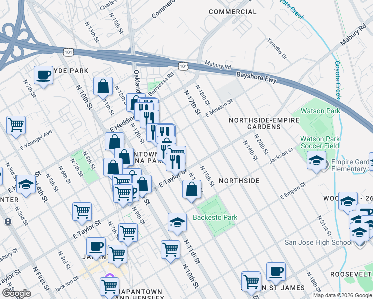 map of restaurants, bars, coffee shops, grocery stores, and more near 780 North 15th Street in San Jose