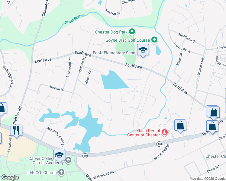 map of restaurants, bars, coffee shops, grocery stores, and more near 11501 Teterling Road in Chester