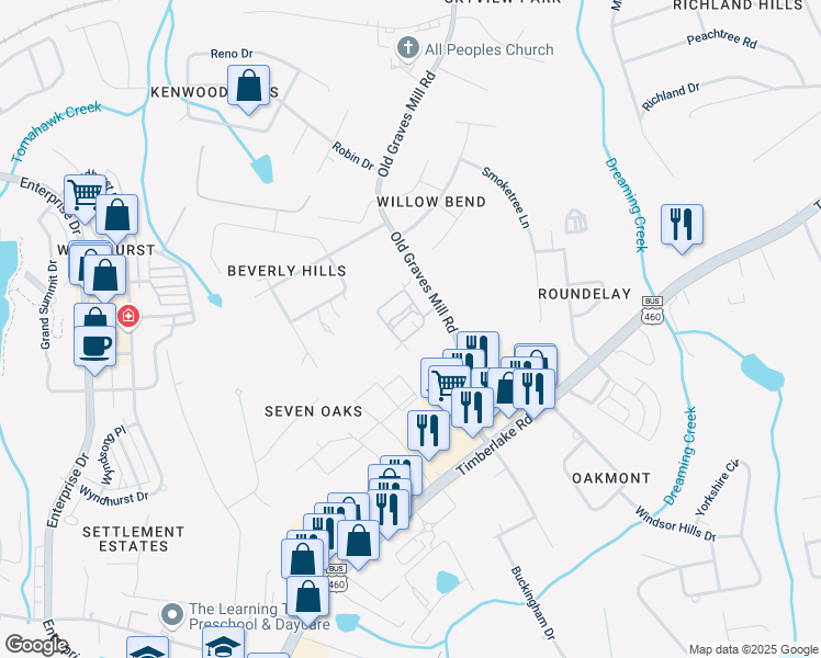 map of restaurants, bars, coffee shops, grocery stores, and more near 243 Salisbury Circle in Lynchburg
