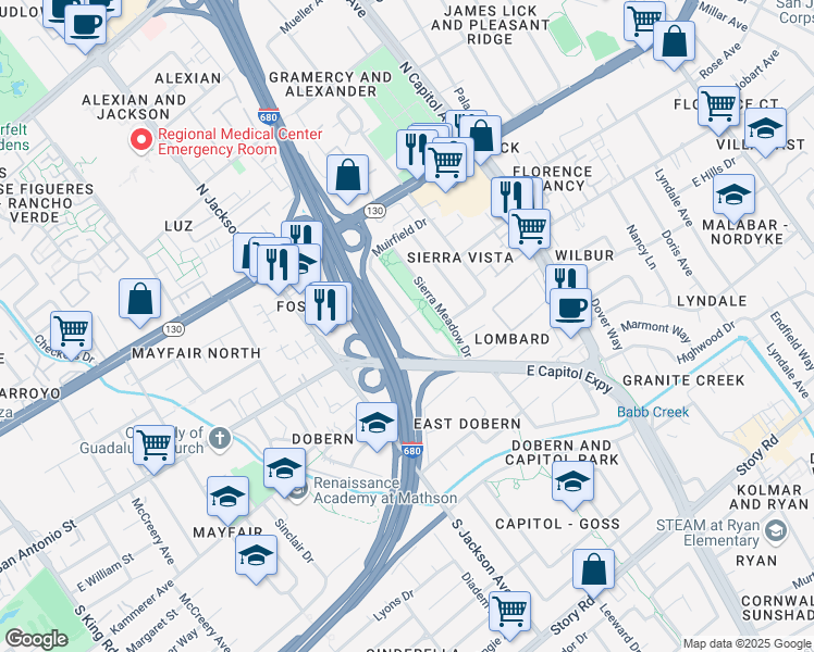 map of restaurants, bars, coffee shops, grocery stores, and more near 2361 Lendrum Avenue in San Jose