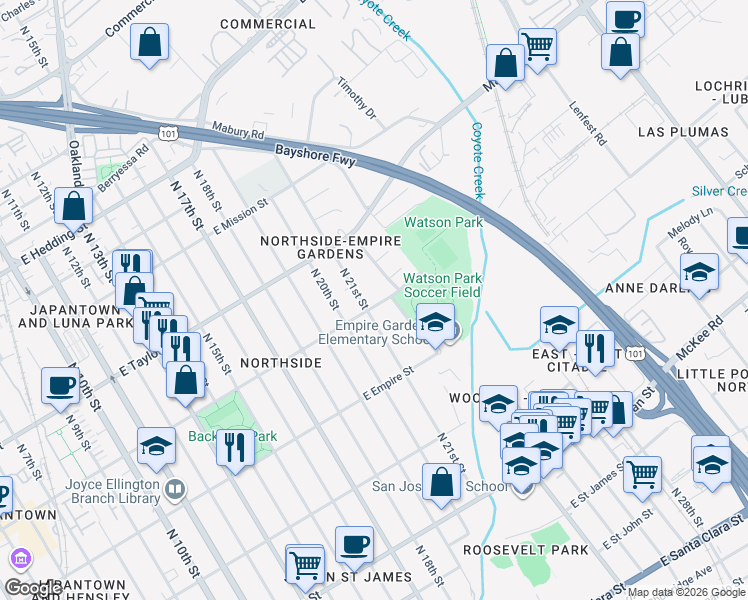 map of restaurants, bars, coffee shops, grocery stores, and more near in San Jose