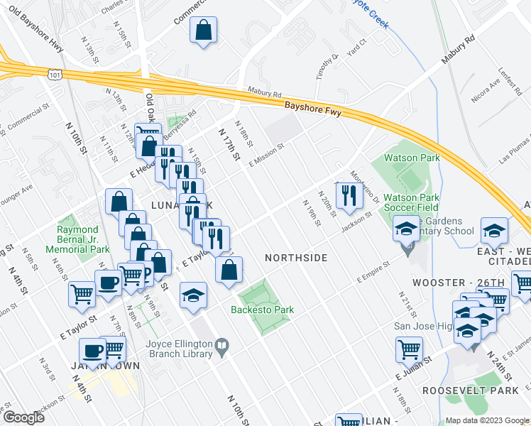 map of restaurants, bars, coffee shops, grocery stores, and more near 724 North 17th Street in San Jose