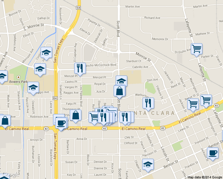 map of restaurants, bars, coffee shops, grocery stores, and more near 1900 Scott Boulevard in Santa Clara