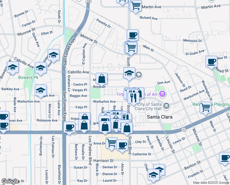 map of restaurants, bars, coffee shops, grocery stores, and more near 2135 Royal Drive in Santa Clara