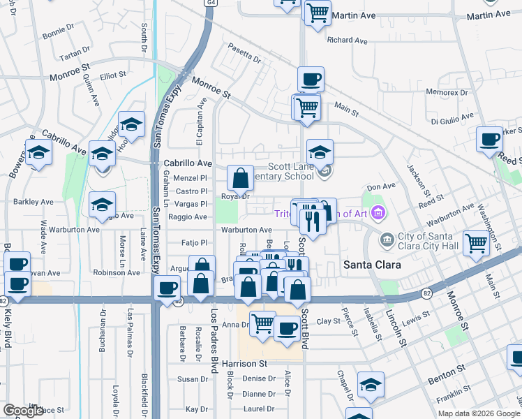 map of restaurants, bars, coffee shops, grocery stores, and more near 2135 Royal Drive in Santa Clara