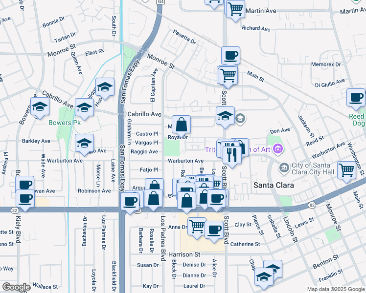 map of restaurants, bars, coffee shops, grocery stores, and more near 2215 Royal Drive in Santa Clara