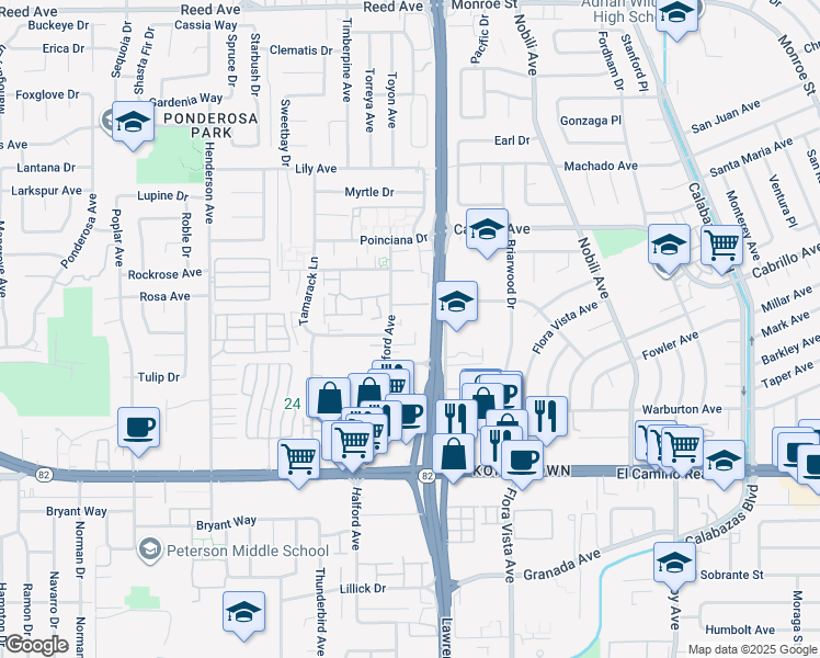 map of restaurants, bars, coffee shops, grocery stores, and more near 1901 Halford Avenue in Santa Clara
