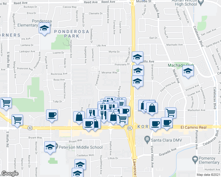 map of restaurants, bars, coffee shops, grocery stores, and more near 1908 Magdalena Circle in Santa Clara