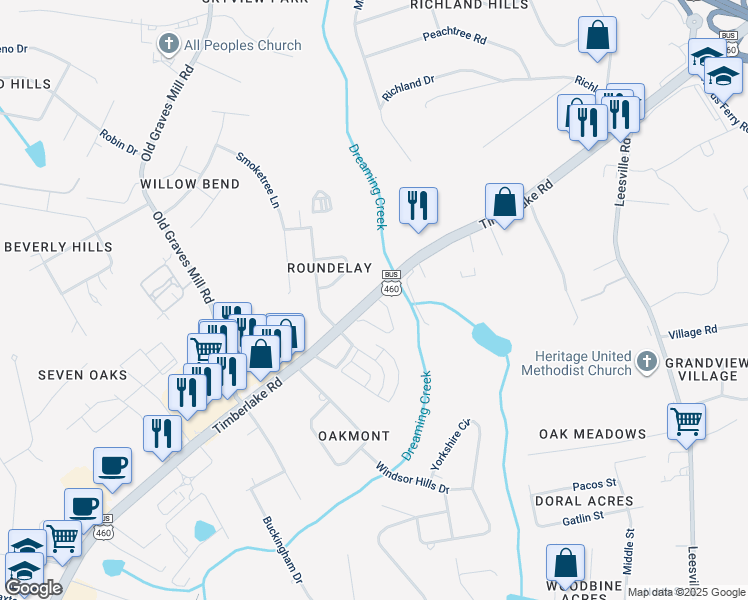 map of restaurants, bars, coffee shops, grocery stores, and more near 7500 Timberlake Road in Lynchburg