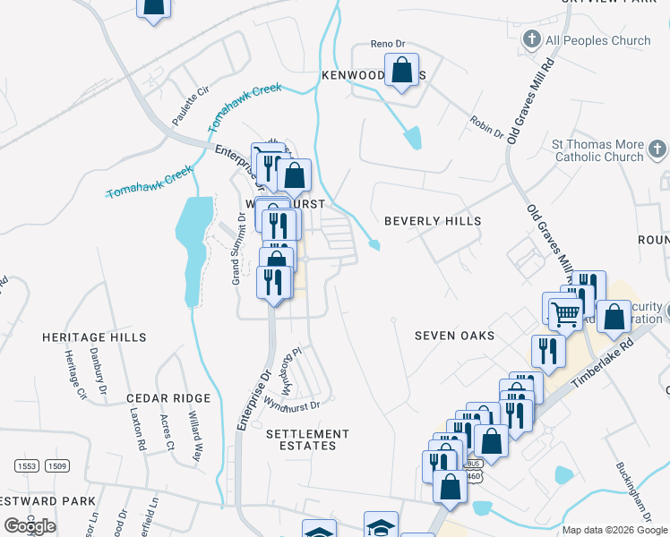 map of restaurants, bars, coffee shops, grocery stores, and more near 600 Northwynd Circle in Lynchburg