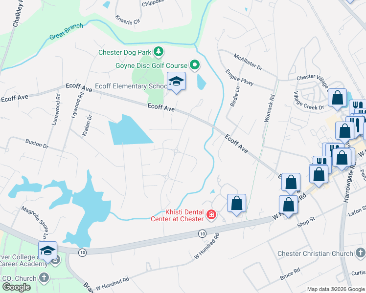 map of restaurants, bars, coffee shops, grocery stores, and more near 11440 Claimont Mill Drive in Chester