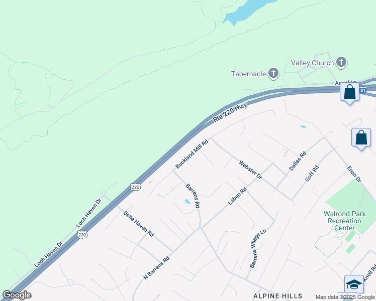 map of restaurants, bars, coffee shops, grocery stores, and more near 5980 Buckland Mill Road in Roanoke