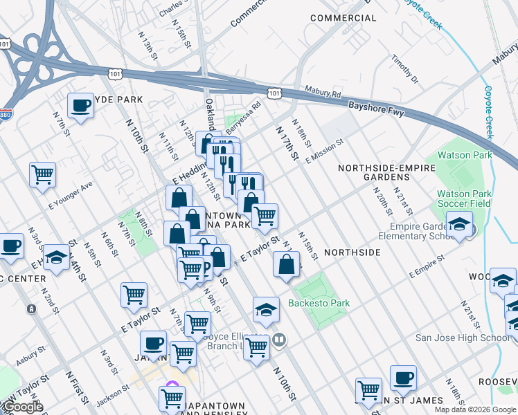 map of restaurants, bars, coffee shops, grocery stores, and more near 775 North 14th Street in San Jose