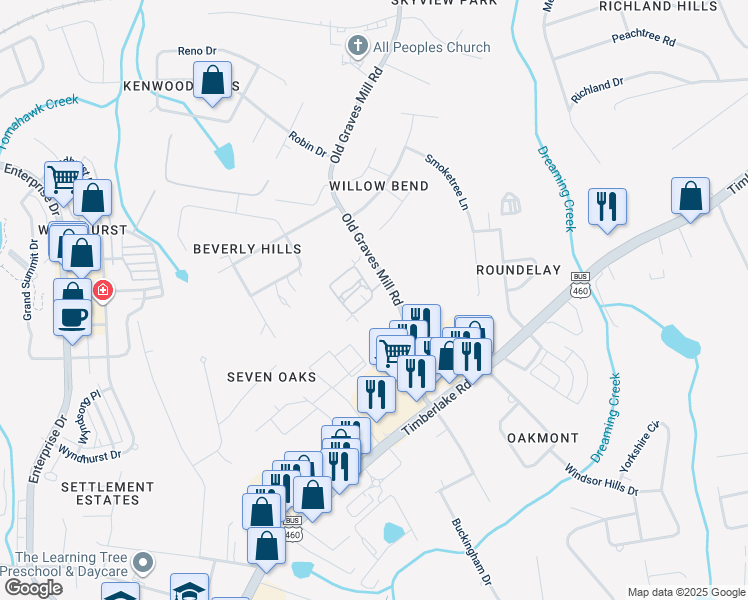 map of restaurants, bars, coffee shops, grocery stores, and more near 224 Salisbury Circle in Lynchburg
