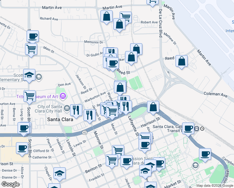map of restaurants, bars, coffee shops, grocery stores, and more near 1789 Lafayette Street in Santa Clara