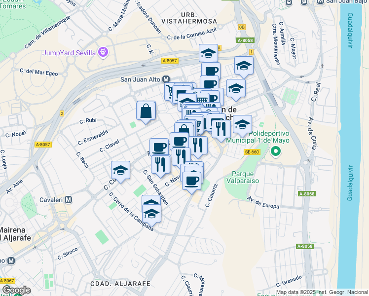 map of restaurants, bars, coffee shops, grocery stores, and more near 15 Avenida de Mairena in San Juan de Aznalfarache