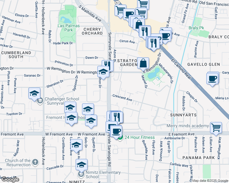 map of restaurants, bars, coffee shops, grocery stores, and more near 1090 Sunnyvale Saratoga Road in Sunnyvale