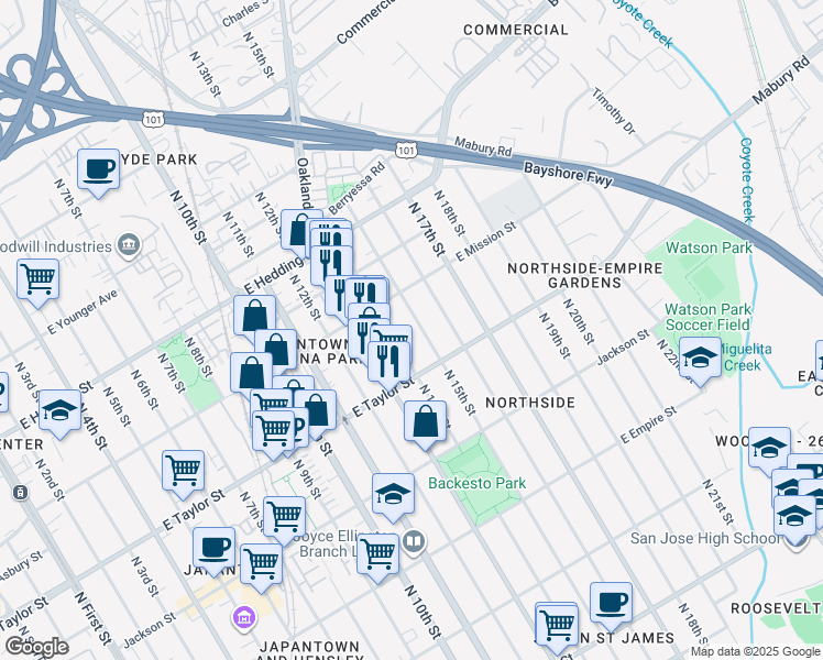 map of restaurants, bars, coffee shops, grocery stores, and more near 780 North 15th Street in San Jose