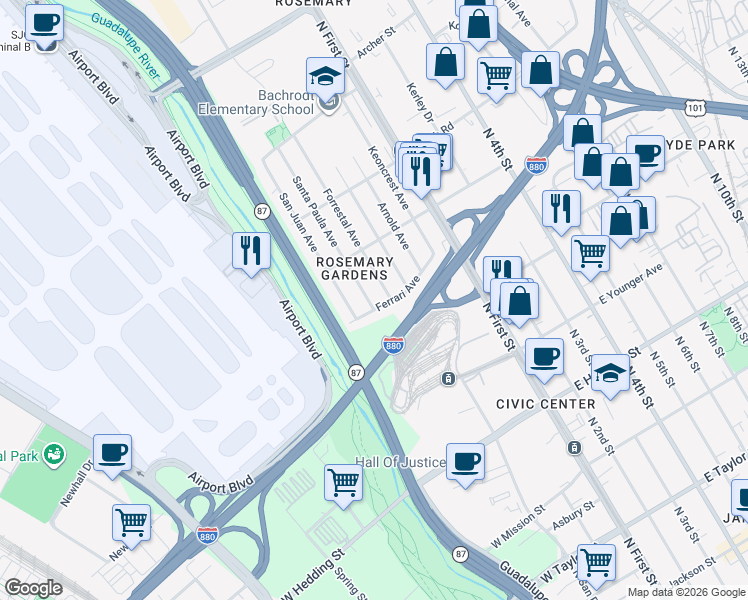 map of restaurants, bars, coffee shops, grocery stores, and more near 1239 Forrestal Avenue in San Jose